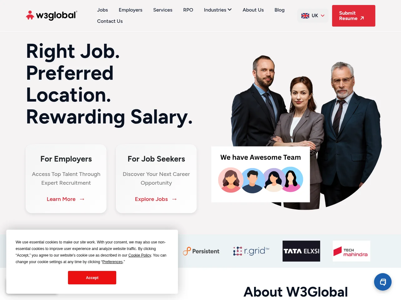 W3Global UK job board platform screenshot showing job search interface