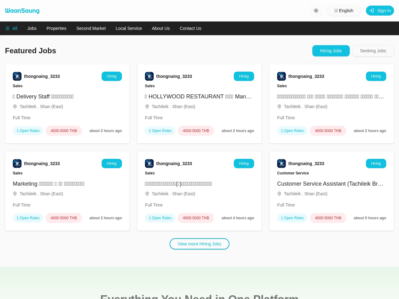 WaanSaung job board platform screenshot showing job search interface