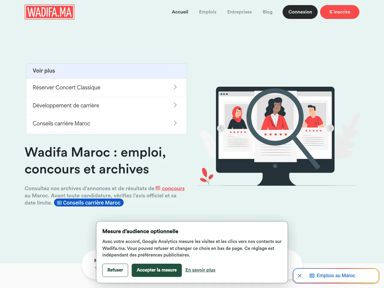 Wadifa Maroc job board platform screenshot showing job search interface