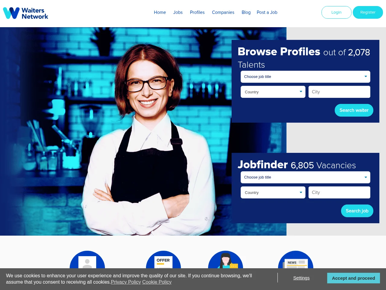 Waiters Network job board platform screenshot showing job search interface