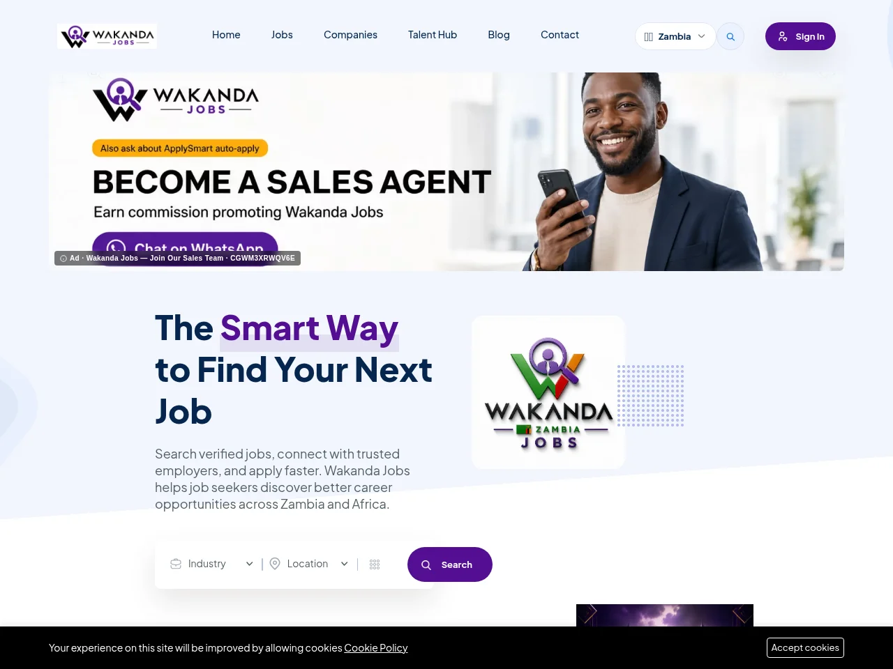 Wakanda Jobs job board platform screenshot showing job search interface