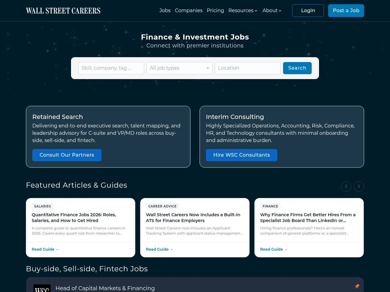 Wall Street Careers screenshot Wall Street Careers job board platform screenshot showing job search interface
