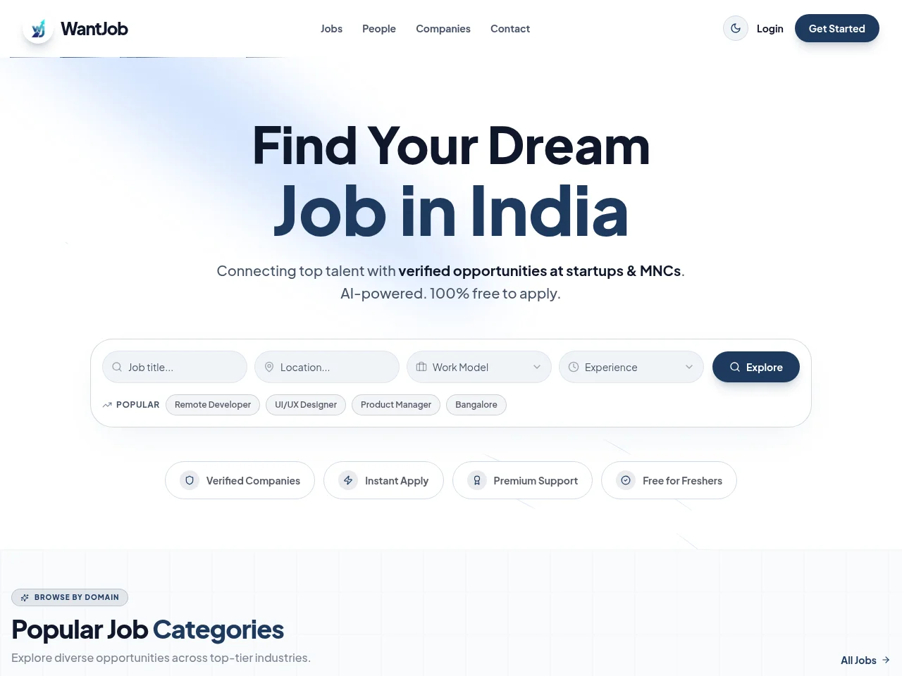 WantJob job board platform screenshot showing job search interface