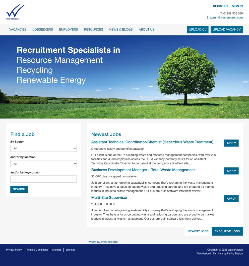 WasteRecruit job board platform screenshot showing job search interface