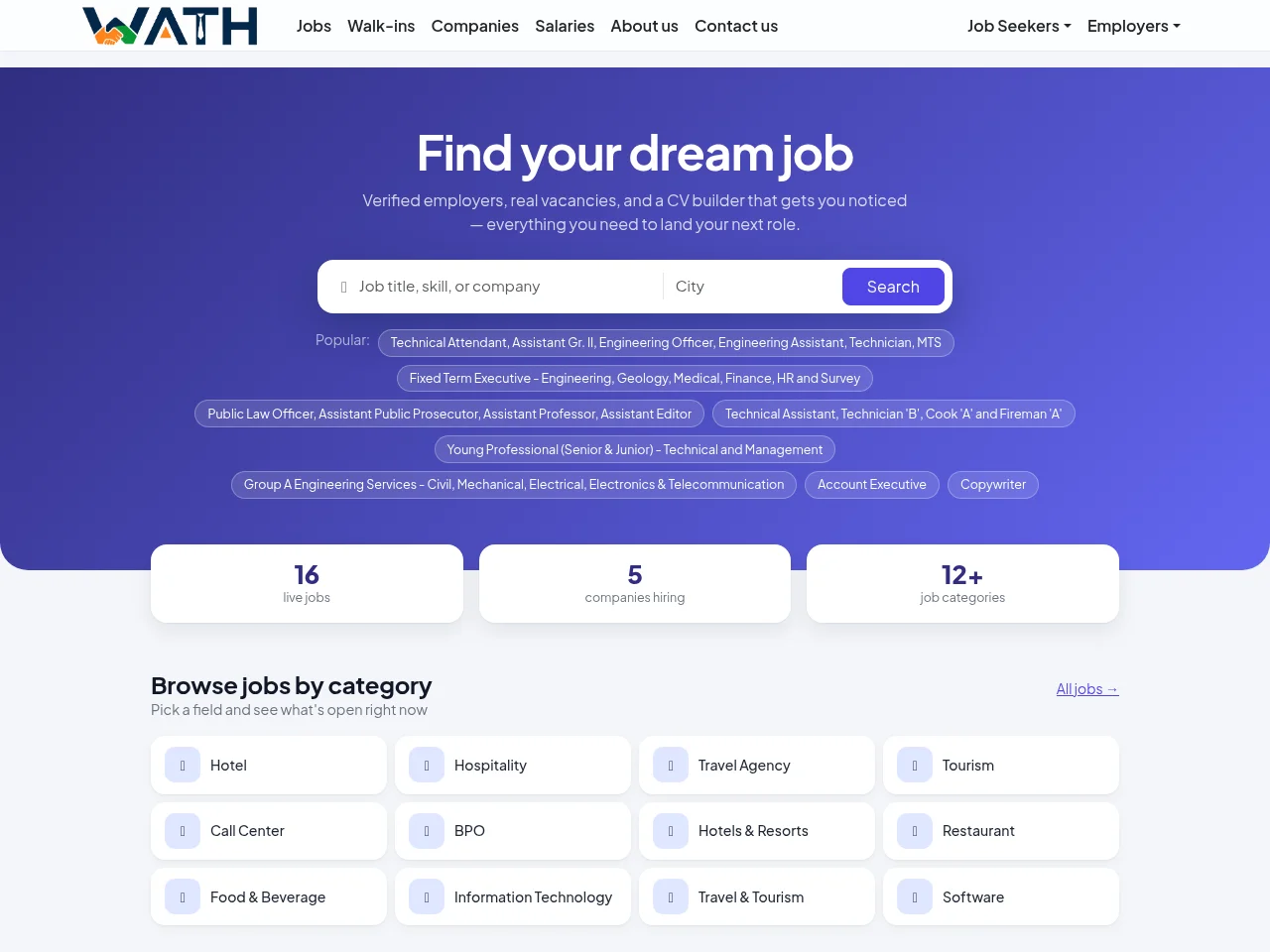 Wath screenshot Wath job board platform screenshot showing job search interface