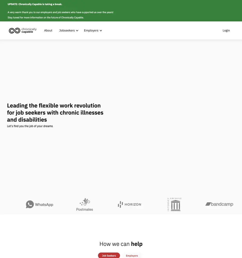 Chronically Capable job board platform screenshot showing job search interface