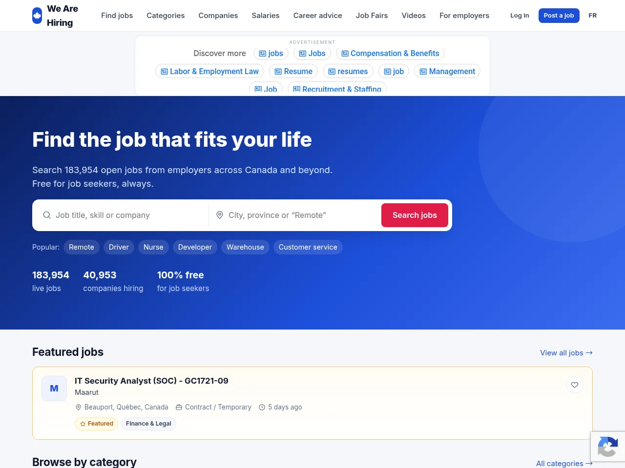 We Are Hiring job board platform screenshot showing job search interface
