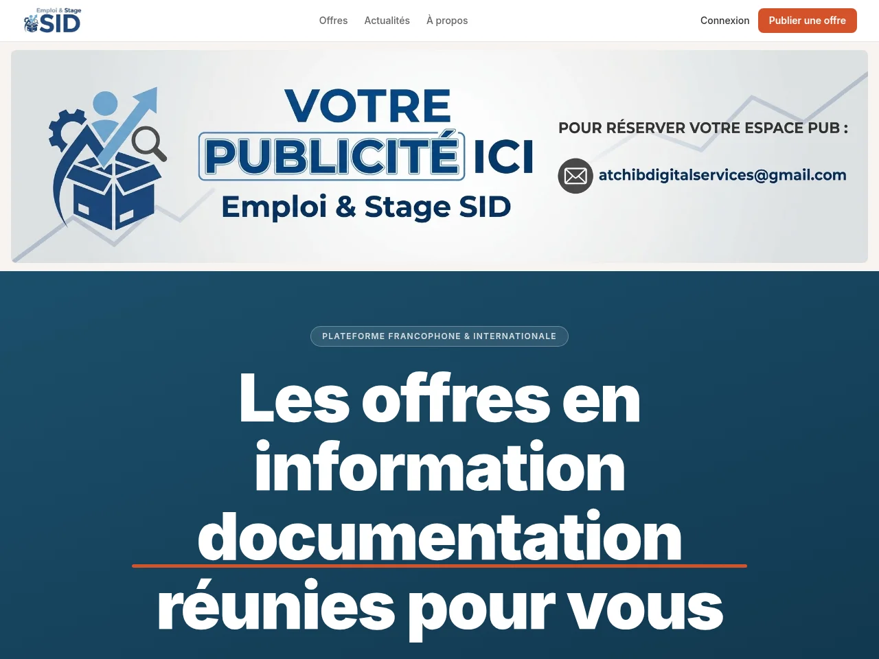 Emplois & Stages SID job board platform screenshot showing job search interface