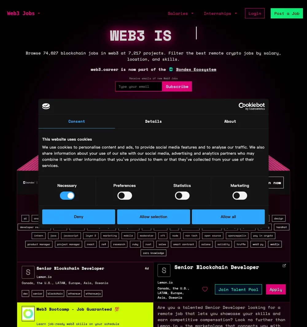 web3.career job board platform screenshot showing job search interface