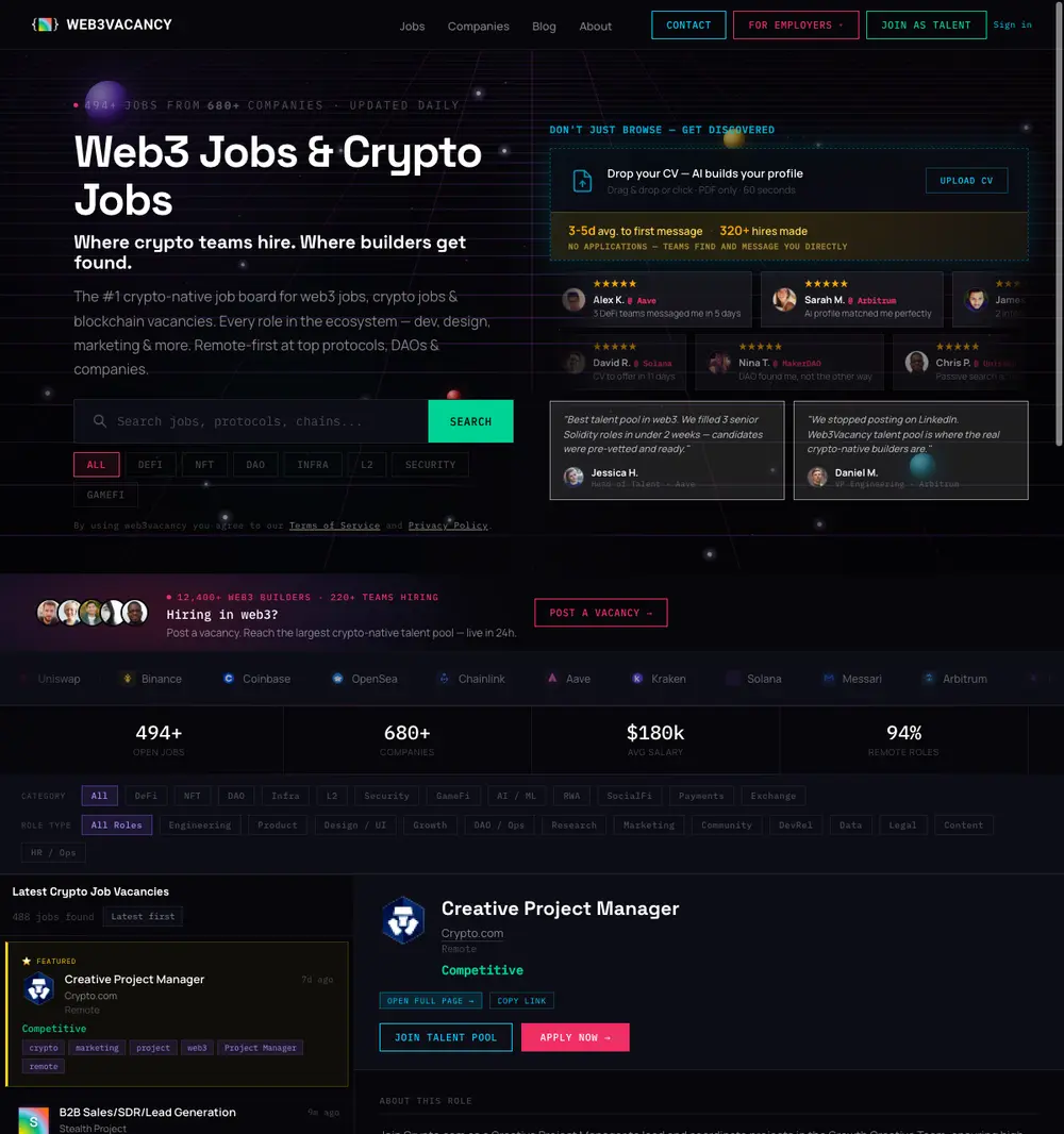 Web3Vacancy job board platform screenshot showing job search interface