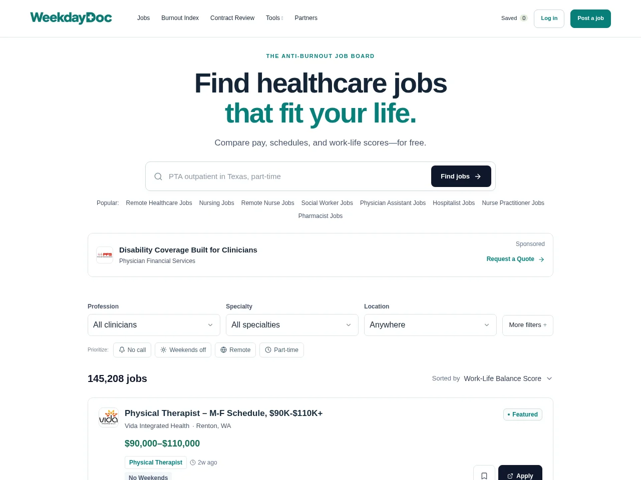 WeekdayDoc job board platform screenshot showing job search interface