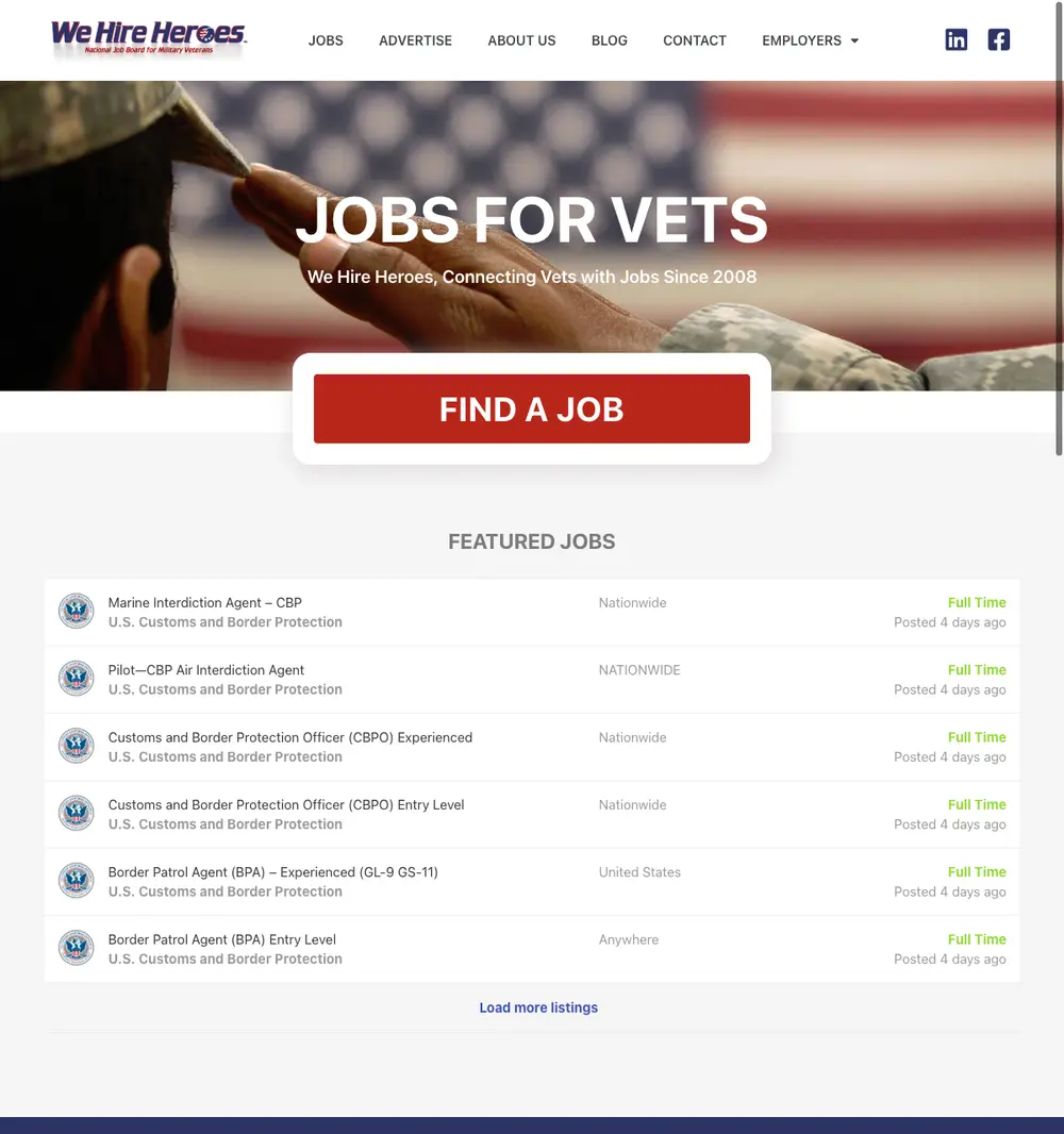 We Hire Heroes job board platform screenshot showing job search interface