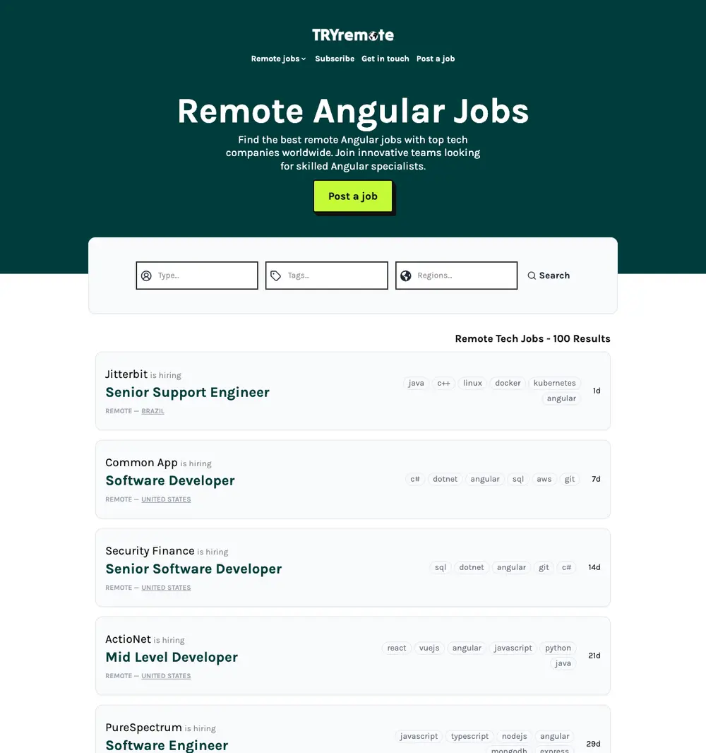 We Love Angular screenshot We Love Angular job board platform screenshot showing job search interface