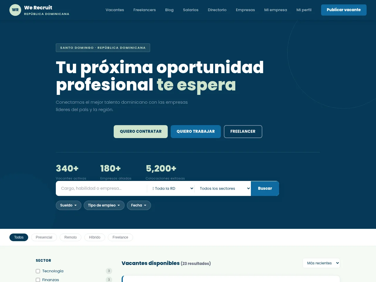 We Recruit DR job board platform screenshot showing job search interface
