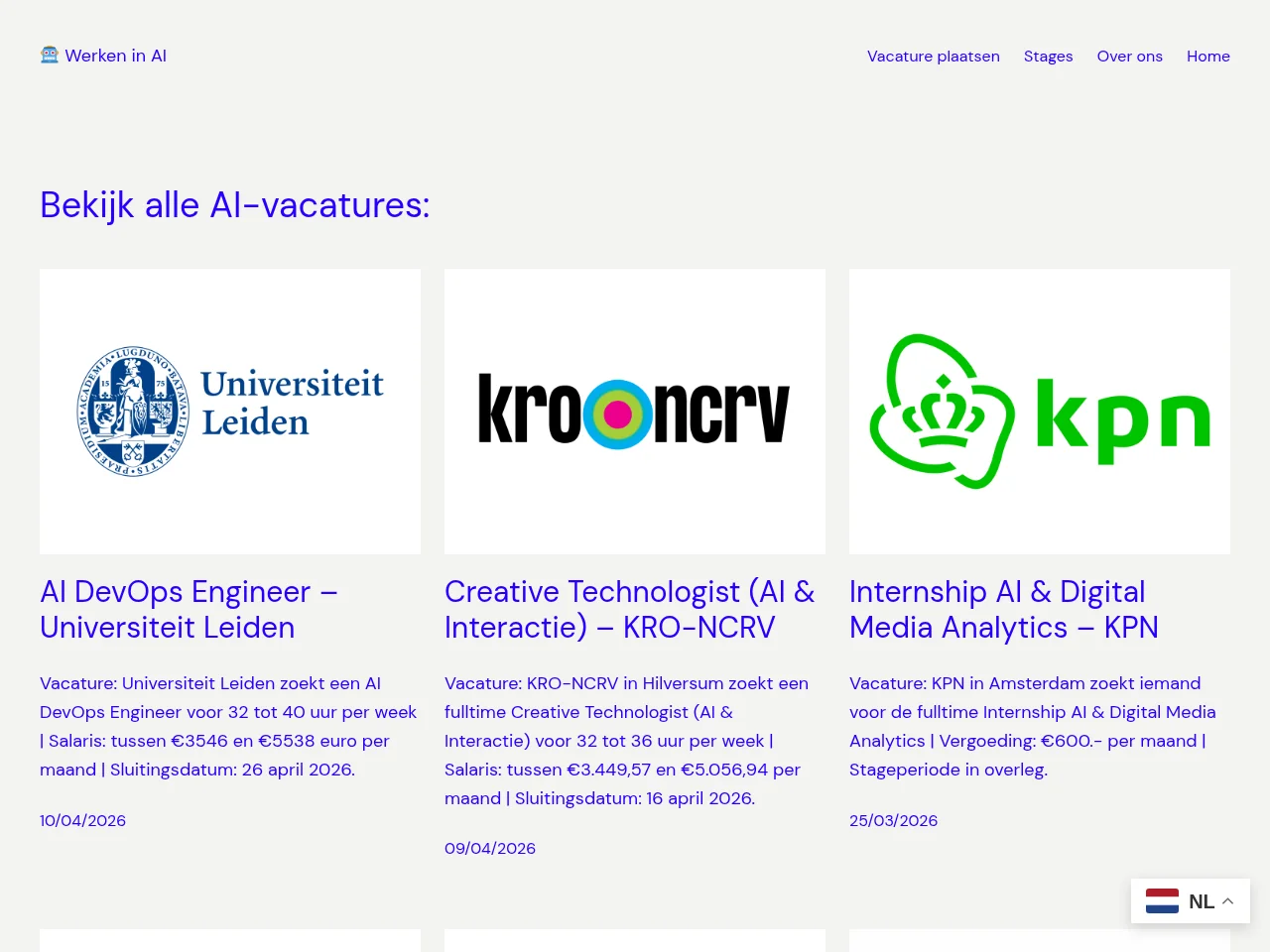 Werken in AI job board platform screenshot showing job search interface