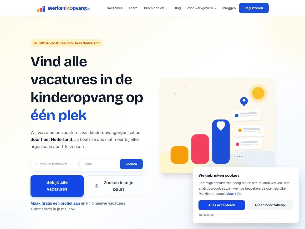 Werken in Opvang job board platform screenshot showing job search interface