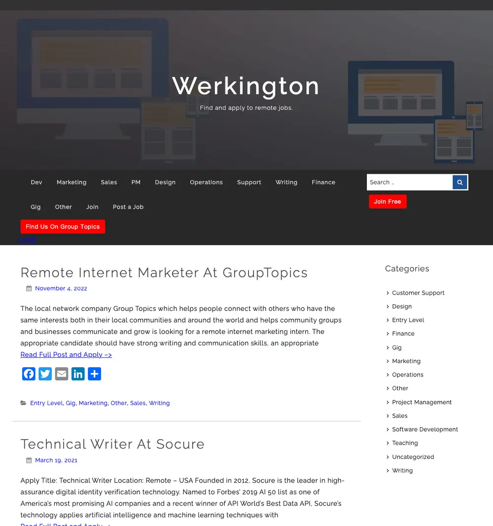 Werkington job board platform screenshot showing job search interface