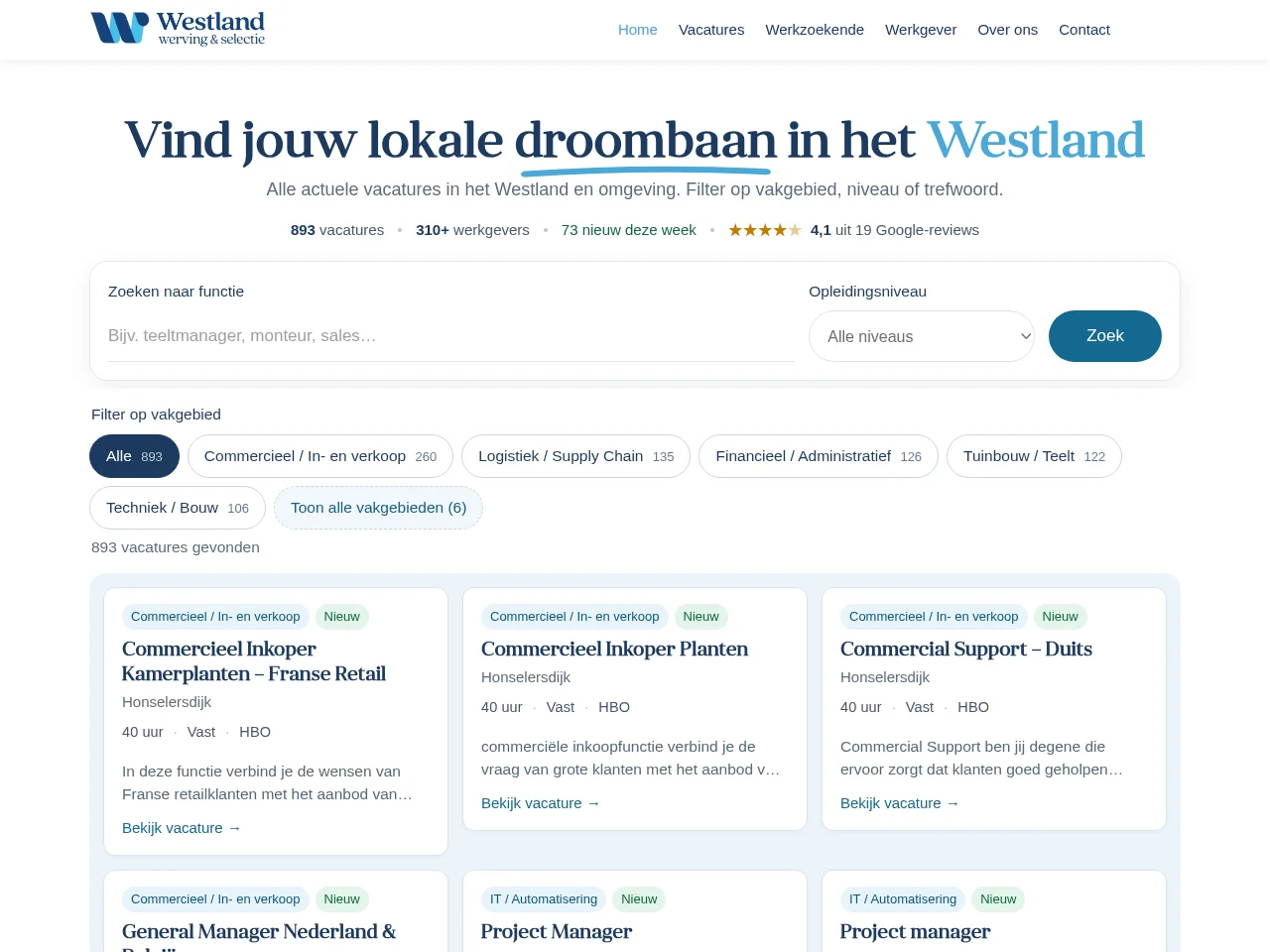 Westland Werving & Selectie screenshot Westland Werving & Selectie job board platform screenshot showing job search interface