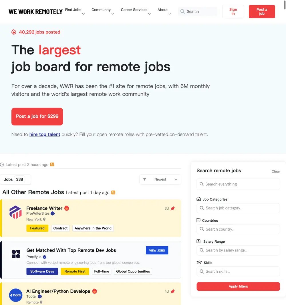 We Work Remotely job board platform screenshot showing job search interface
