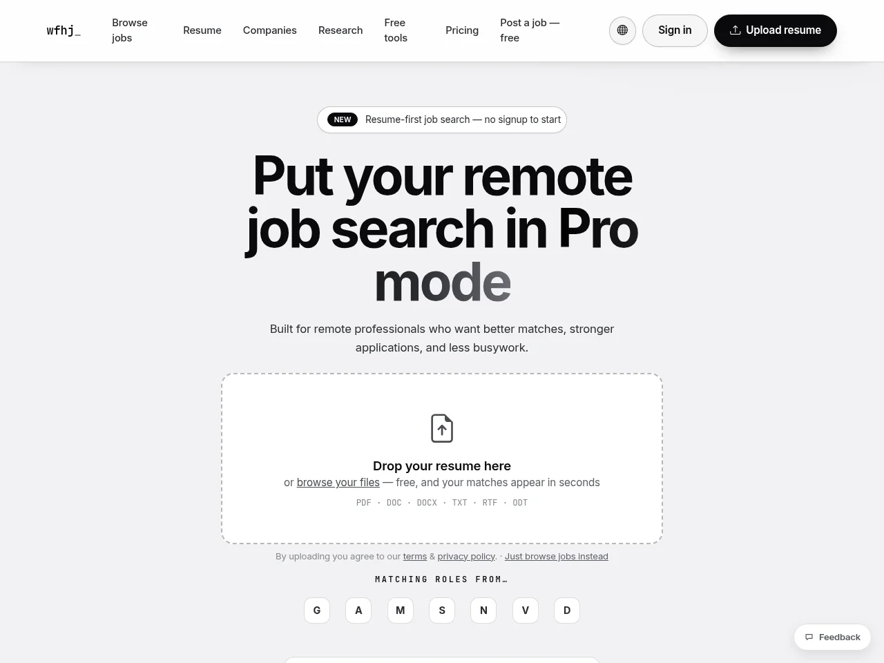 WFHJ job board platform screenshot showing job search interface
