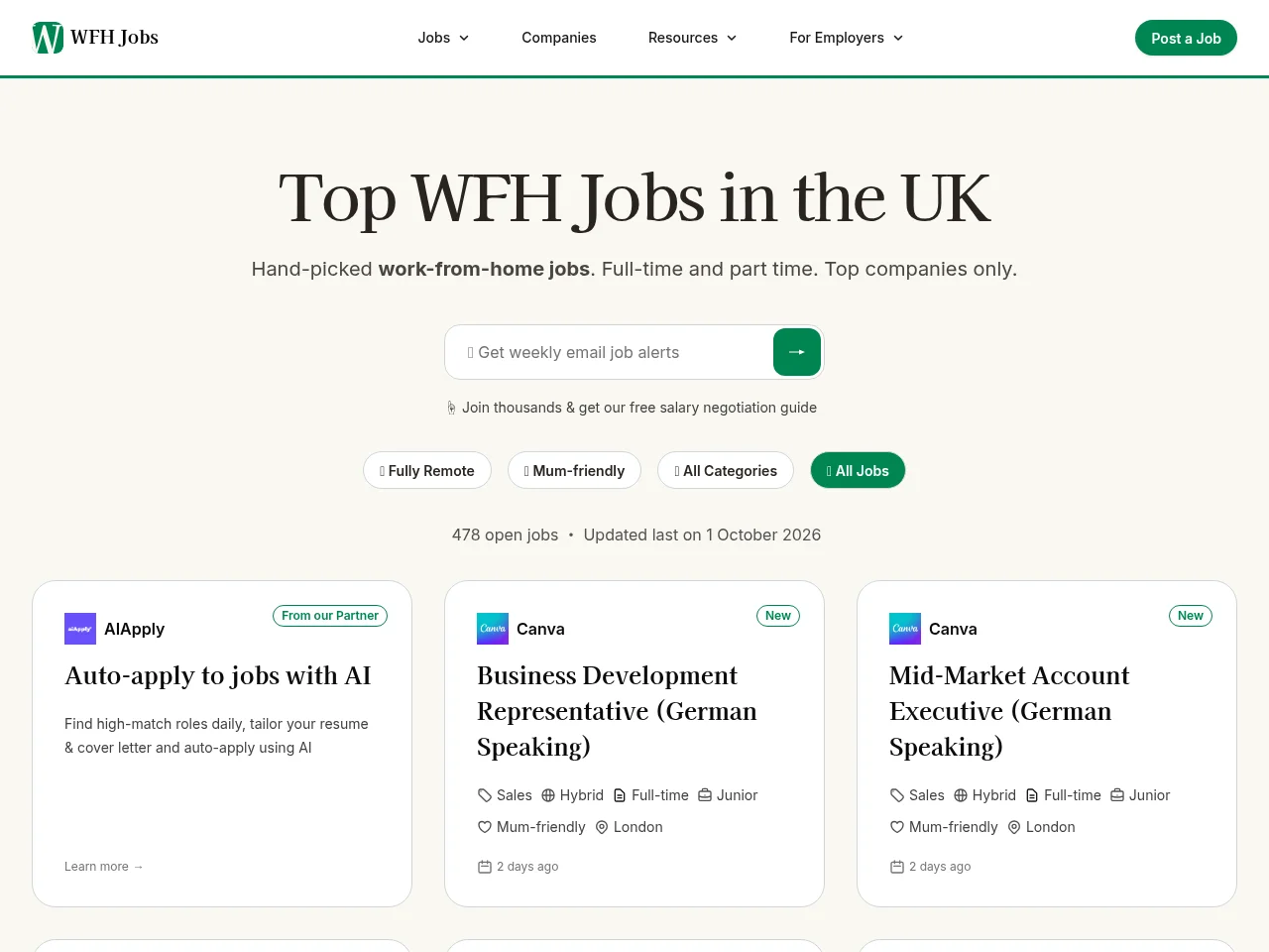 WFH Jobs job board platform screenshot showing job search interface