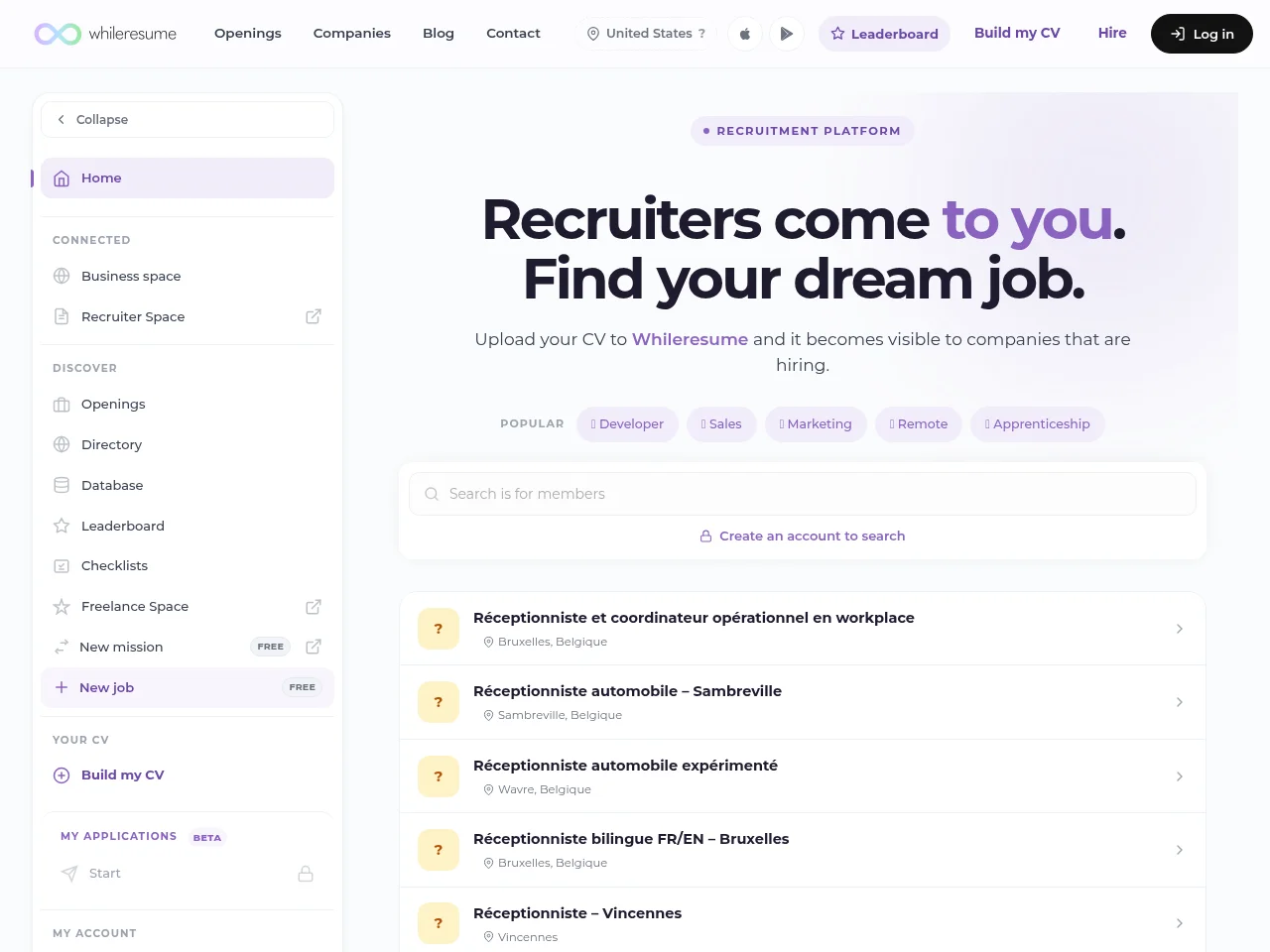 Whileresume job board platform screenshot showing job search interface