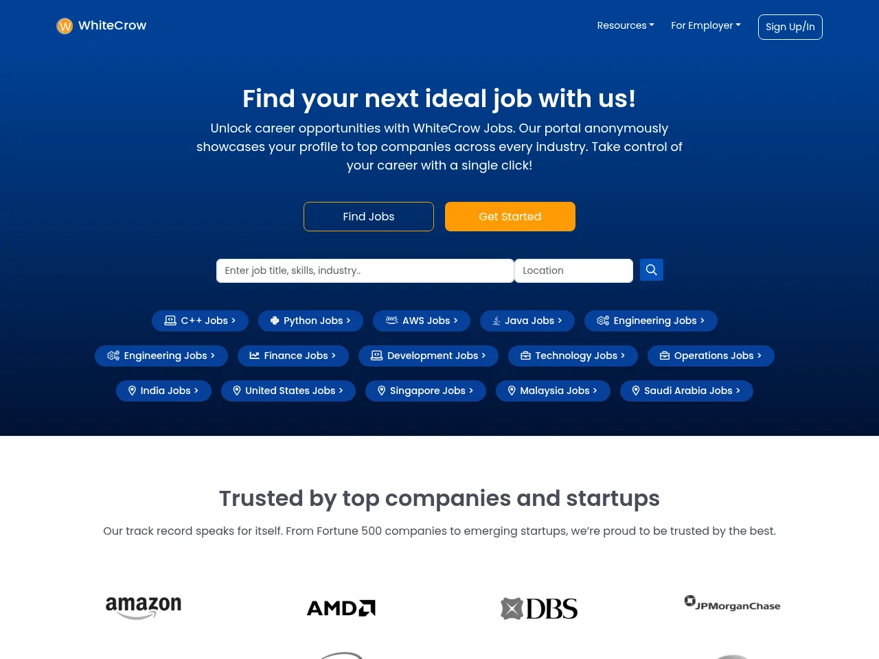 WhiteCrow job board platform screenshot showing job search interface