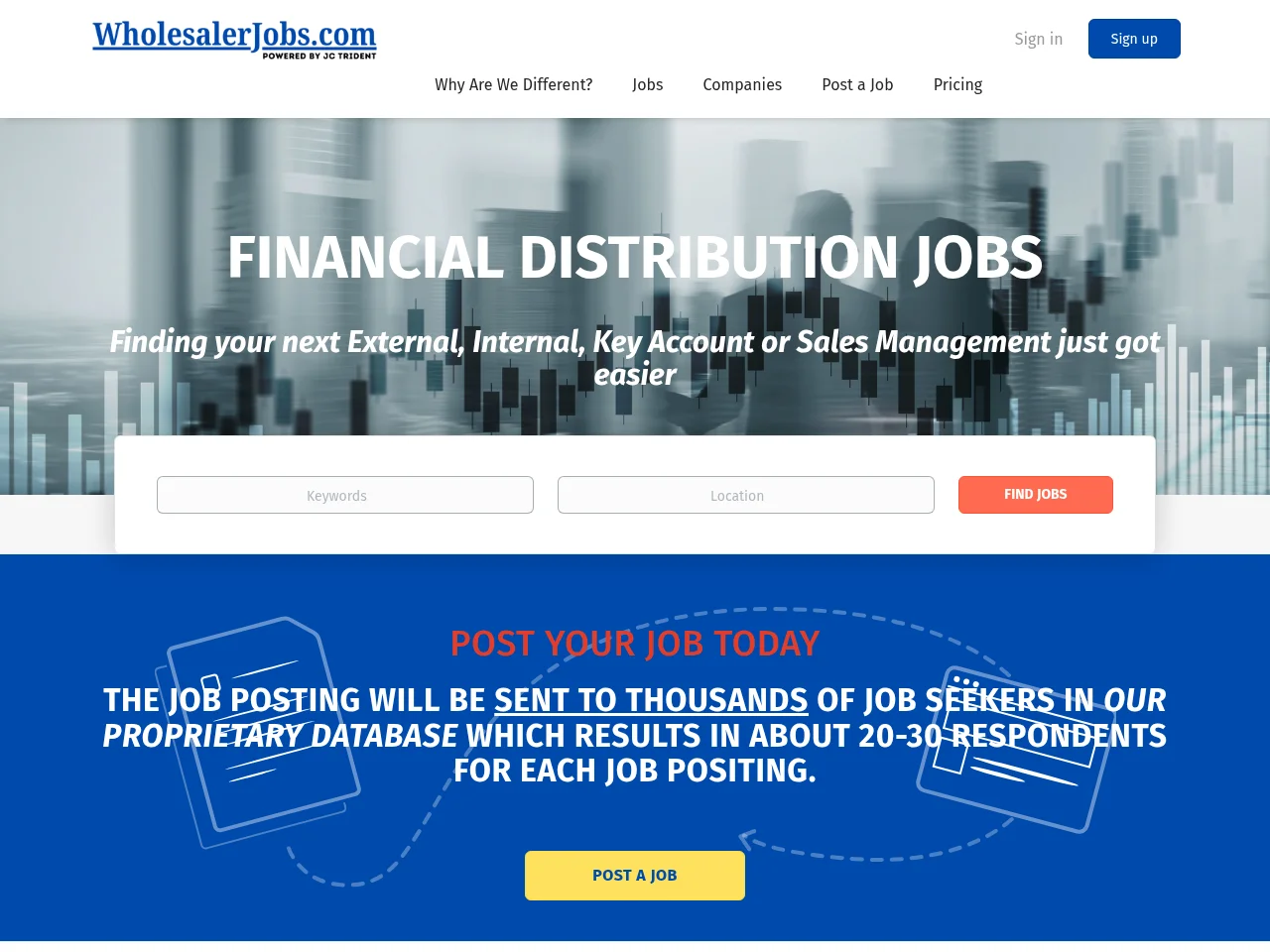 Wholesaler Jobs job board platform screenshot showing job search interface