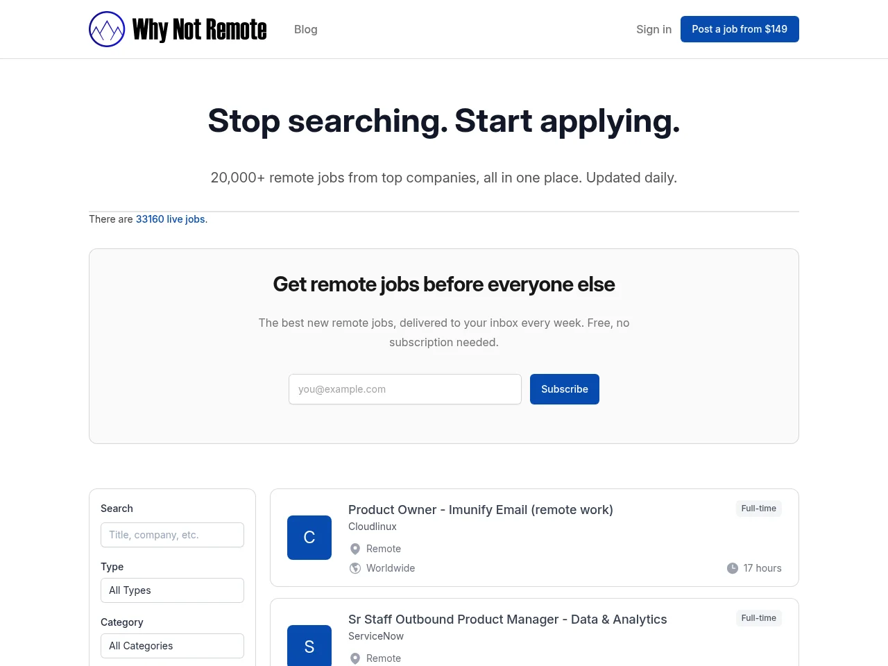 Why Not Remote job board platform screenshot showing job search interface
