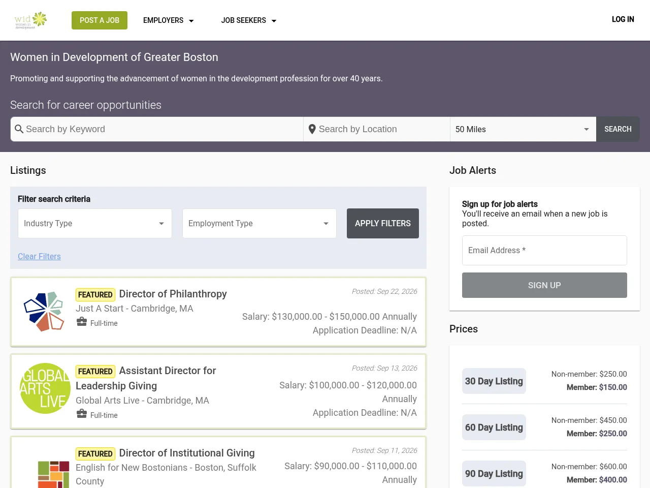 Women in Development of Greater Boston's Job Board screenshot Women in Development of Greater Boston's Job Board job board platform screenshot showing job search interface