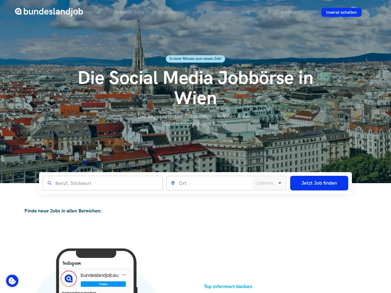 wienjob.eu job board platform screenshot showing job search interface
