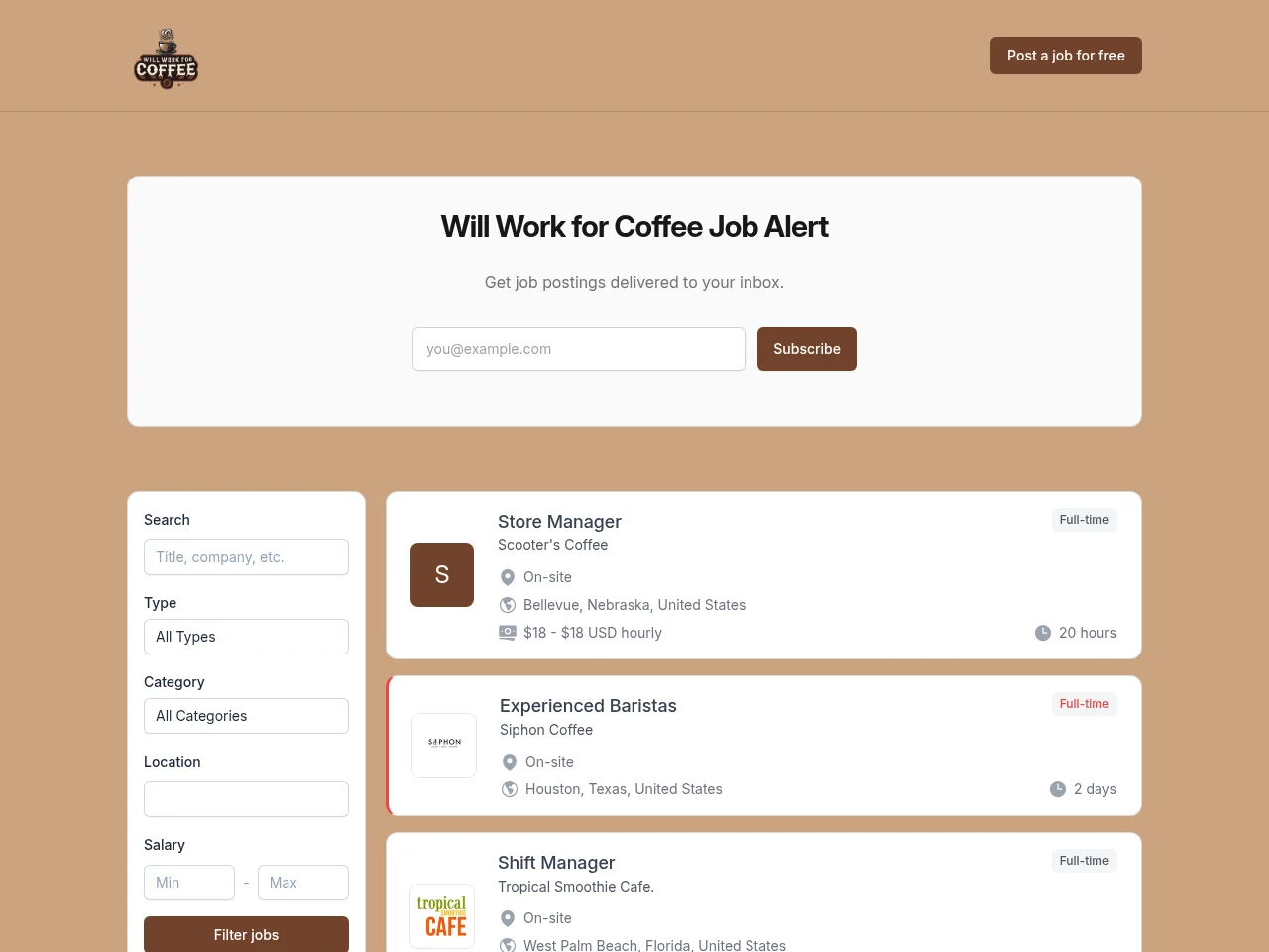 Will Work for Coffee screenshot Will Work for Coffee job board platform screenshot showing job search interface