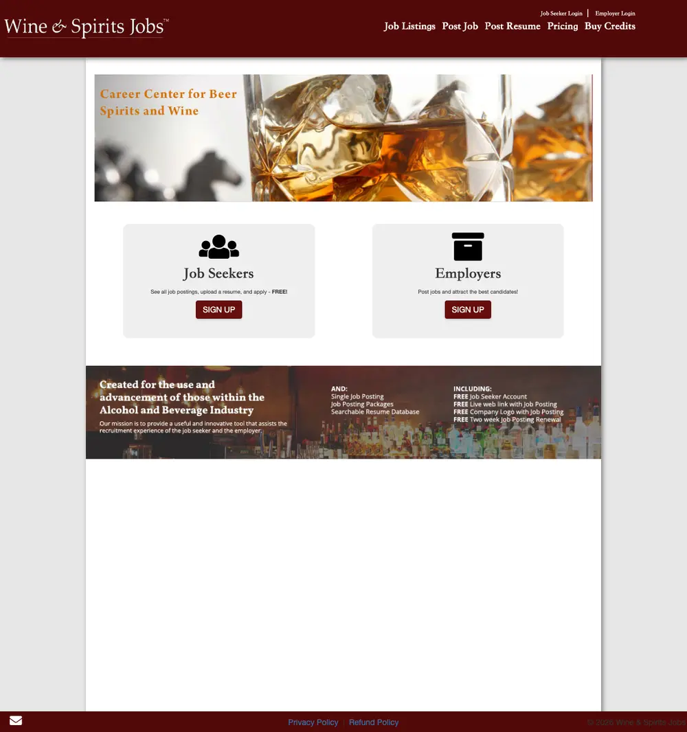 Wine and Spirits Jobs job board platform screenshot showing job search interface