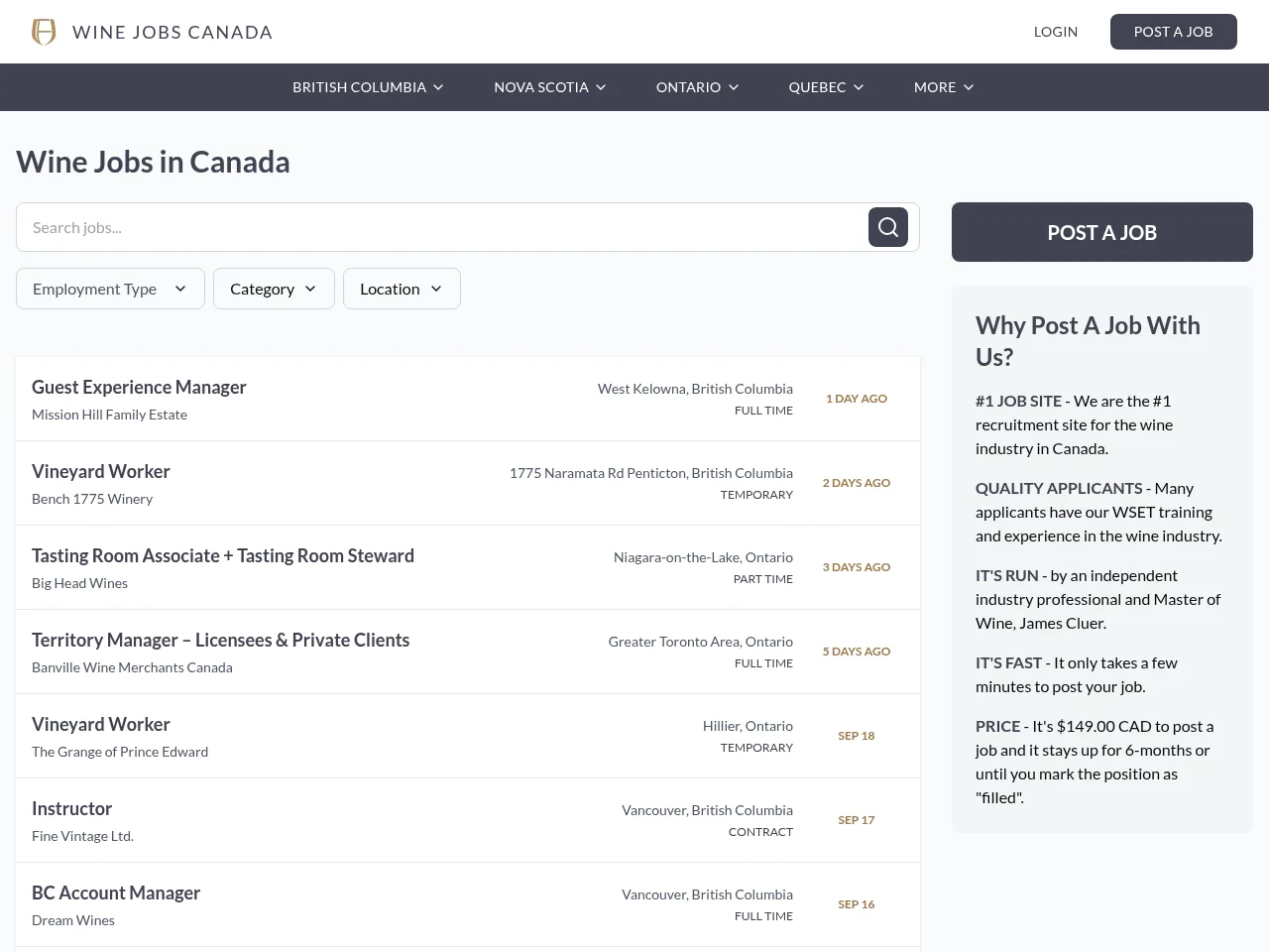 Wine Jobs Canada screenshot Wine Jobs Canada job board platform screenshot showing job search interface
