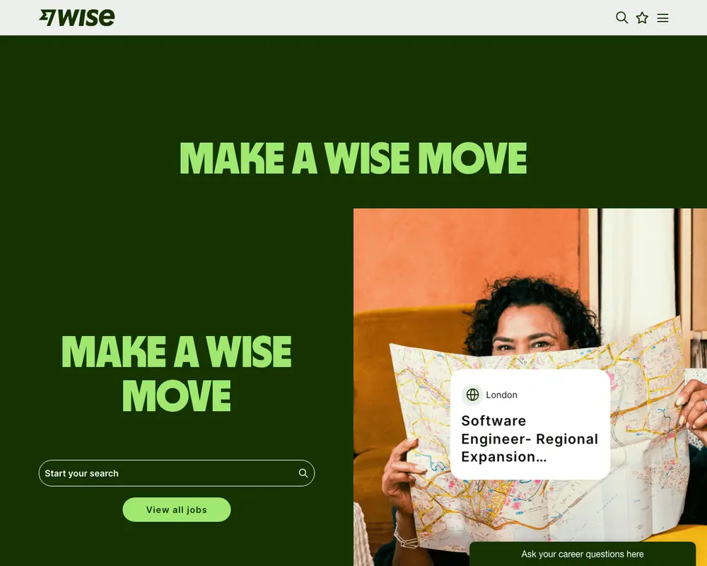 Wise Careers job board platform screenshot showing job search interface