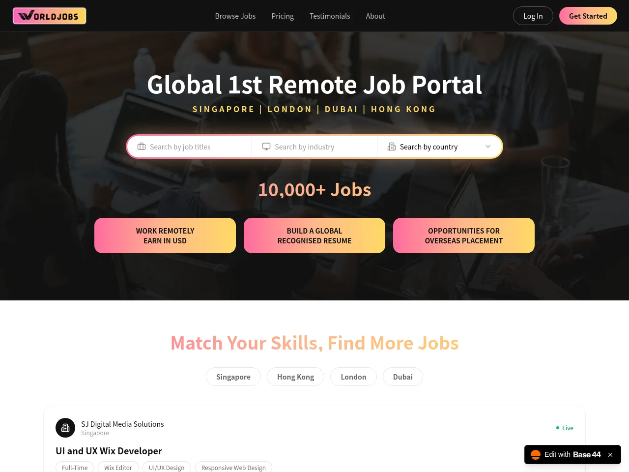 Worldjobs job board platform screenshot showing job search interface