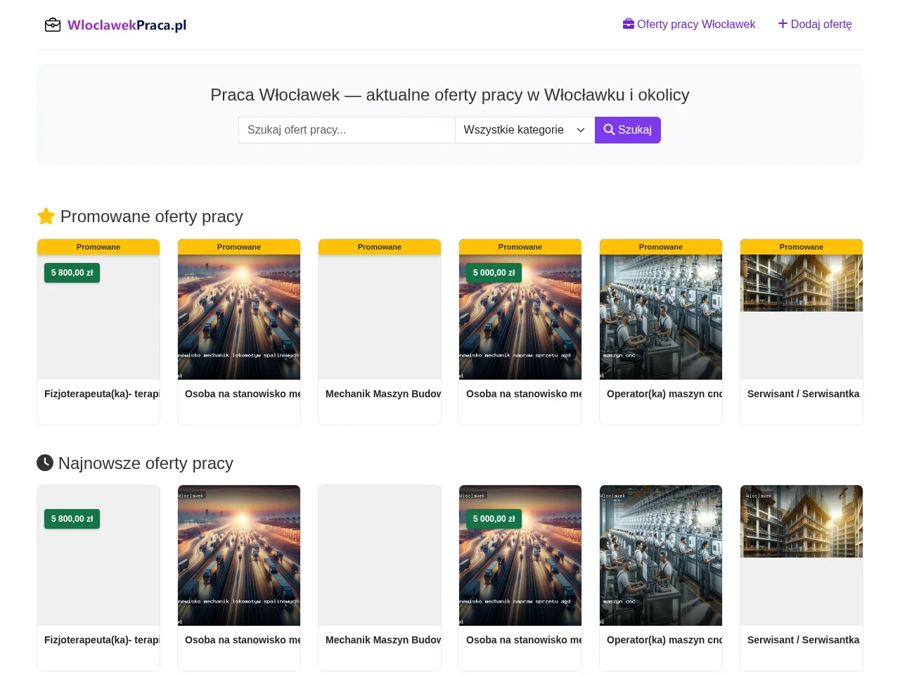 wloclawekpraca.pl job board platform screenshot showing job search interface
