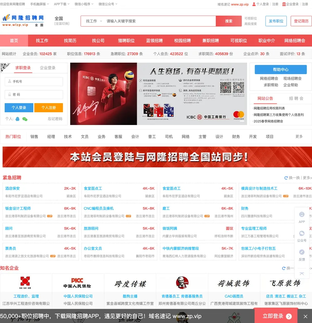 网隆招聘网 job board platform screenshot showing job search interface
