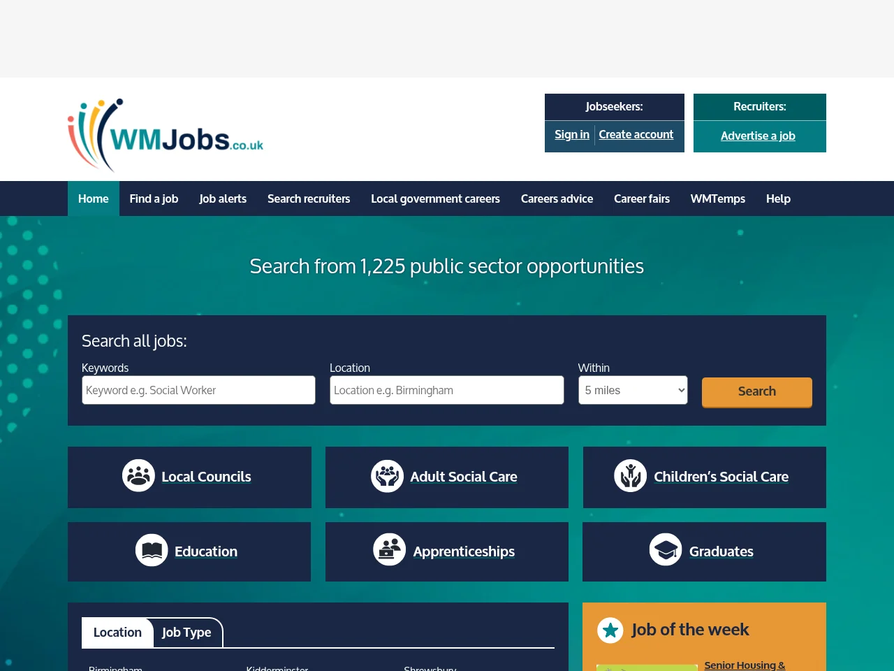 WMJobs job board platform screenshot showing job search interface