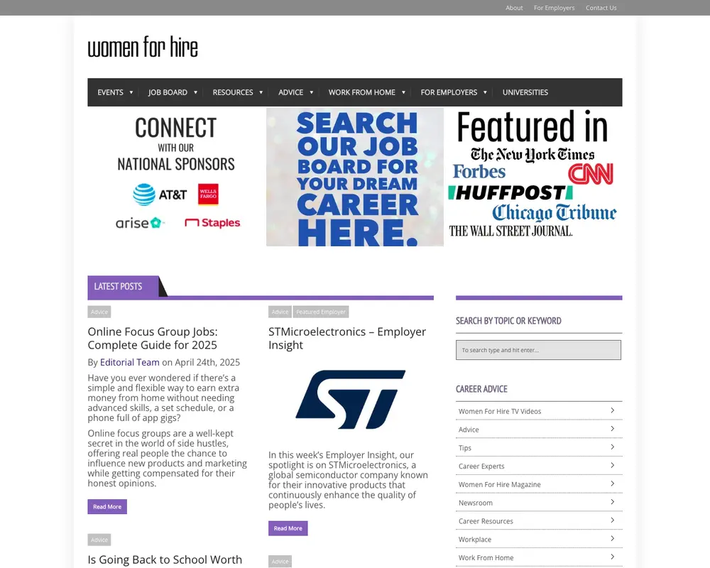 Women For Hire job board platform screenshot showing job search interface