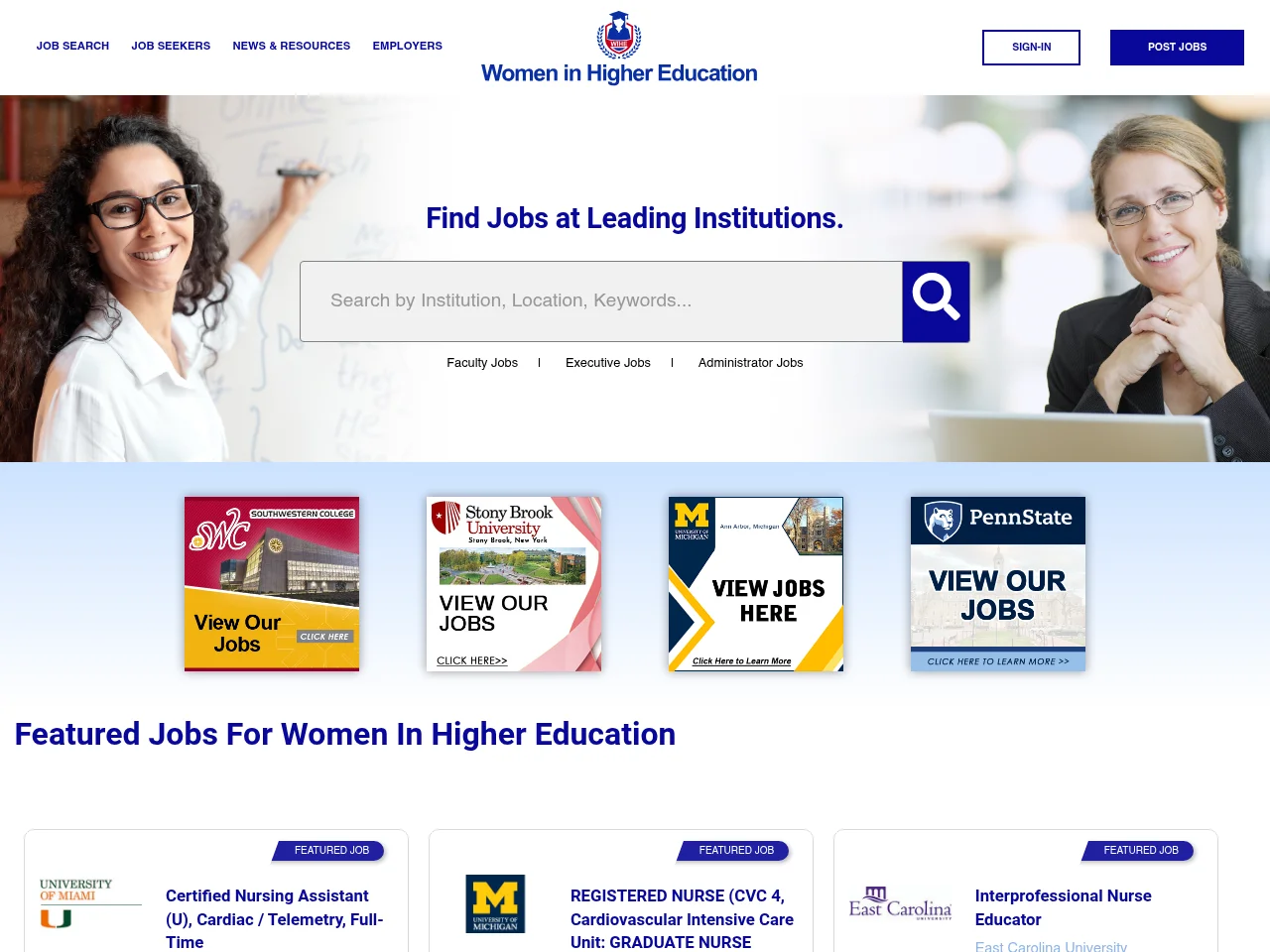 Women in Higher Education screenshot Women in Higher Education job board platform screenshot showing job search interface