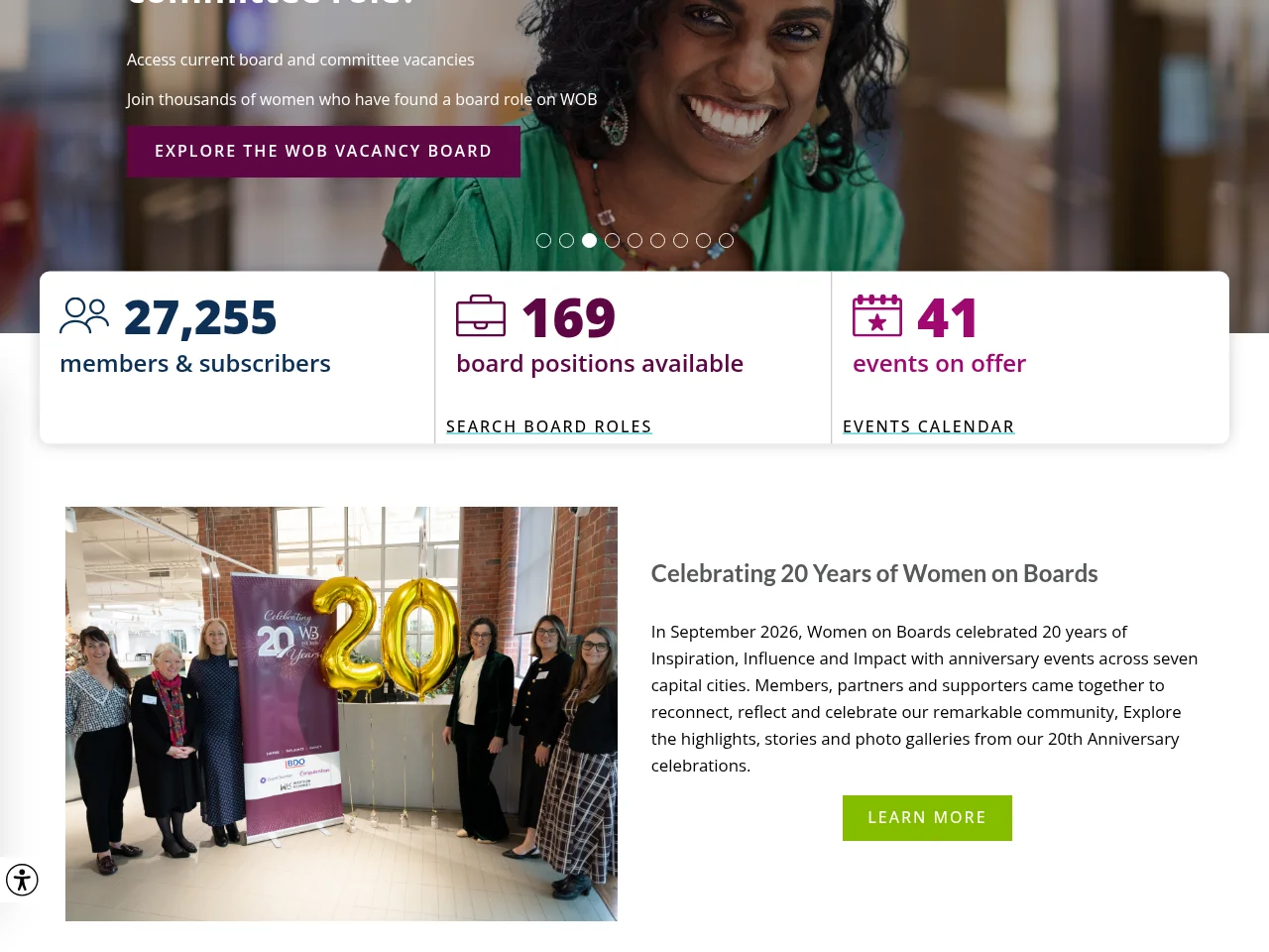 Women on Boards job board platform screenshot showing job search interface