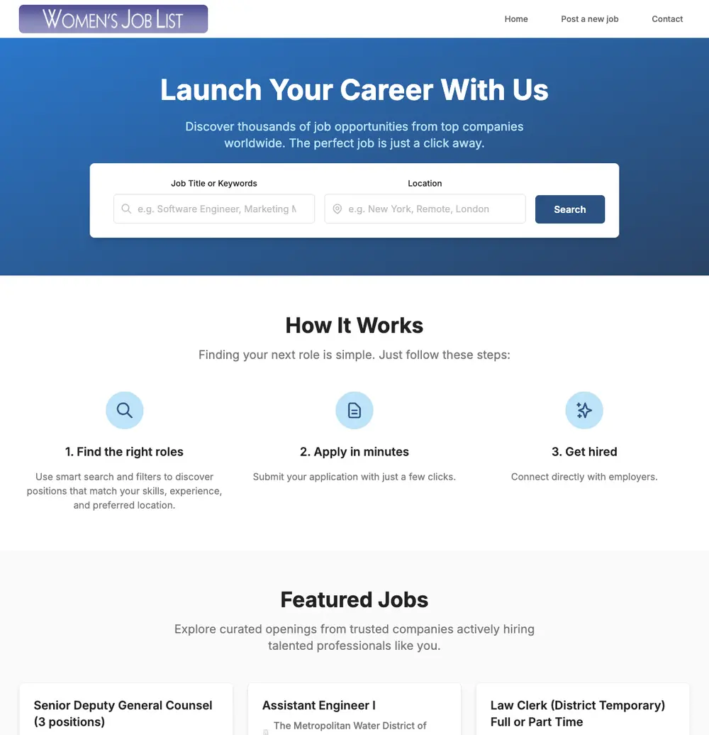 Women's Job List job board platform screenshot showing job search interface