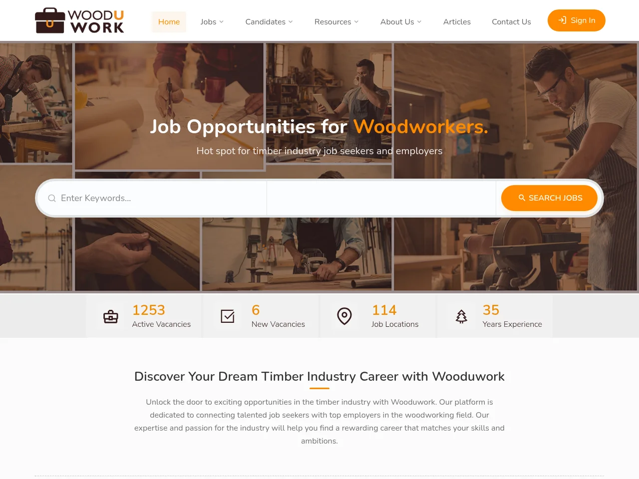 WoodUWork job board platform screenshot showing job search interface
