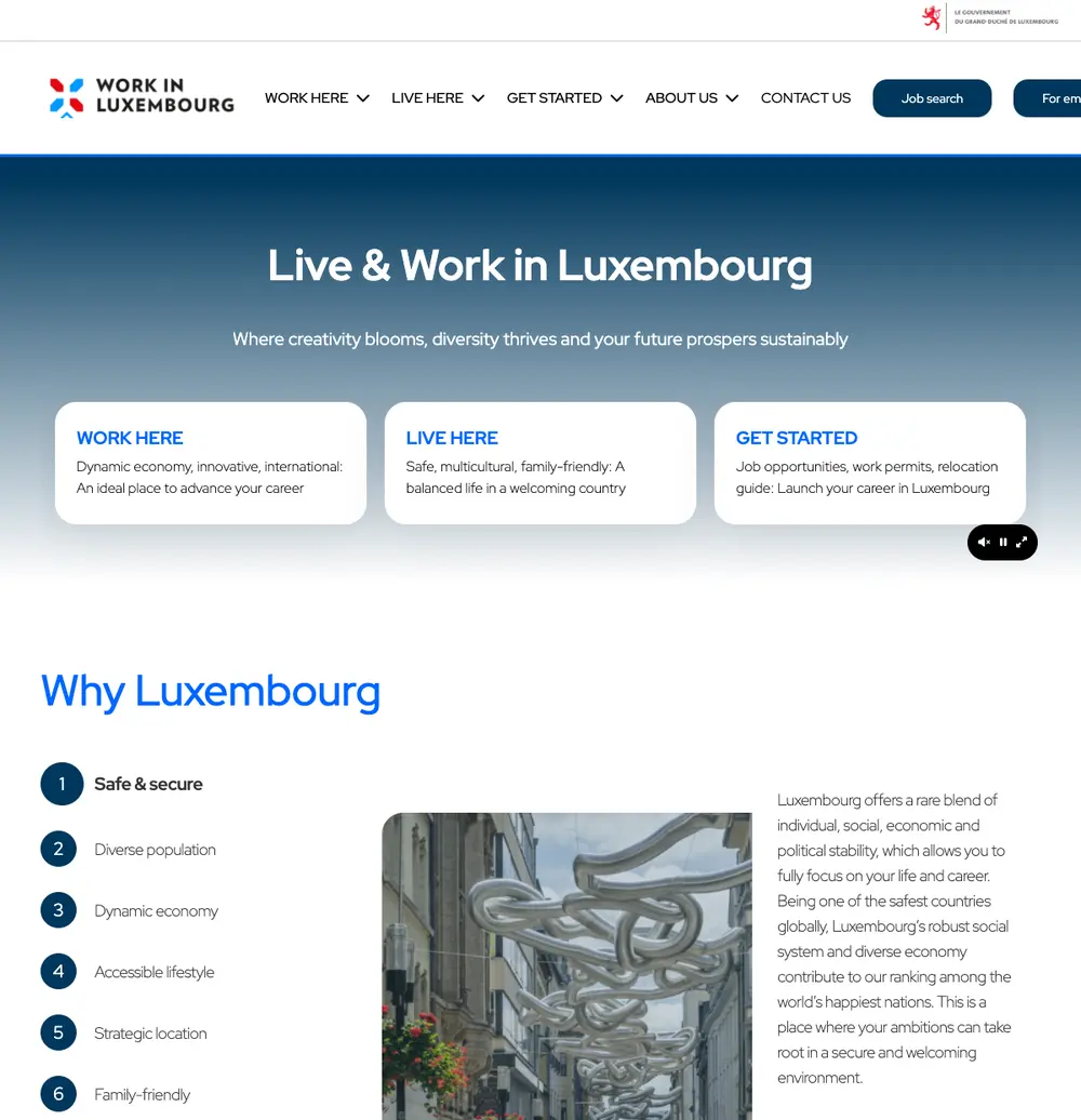 Work in Luxembourg job board platform screenshot showing job search interface