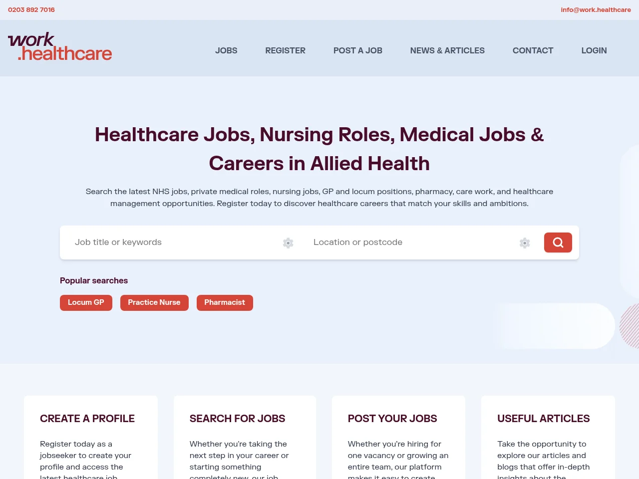 Work.healthcare screenshot Work.healthcare job board platform screenshot showing job search interface