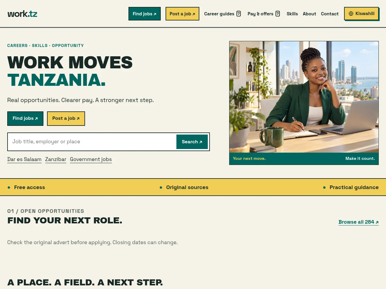 Work.tz job board platform screenshot showing job search interface