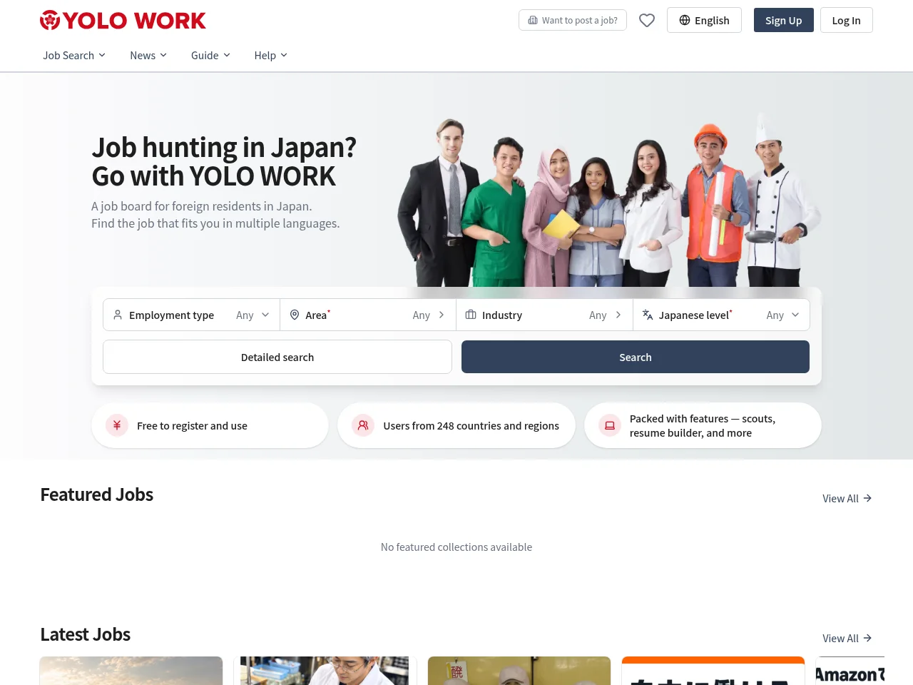YOLO WORK job board platform screenshot showing job search interface