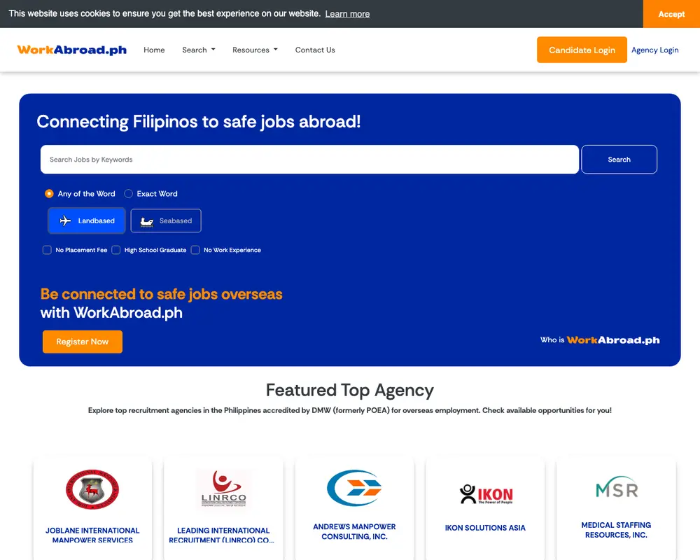 WorkAbroad.ph screenshot WorkAbroad.ph job board platform screenshot showing job search interface