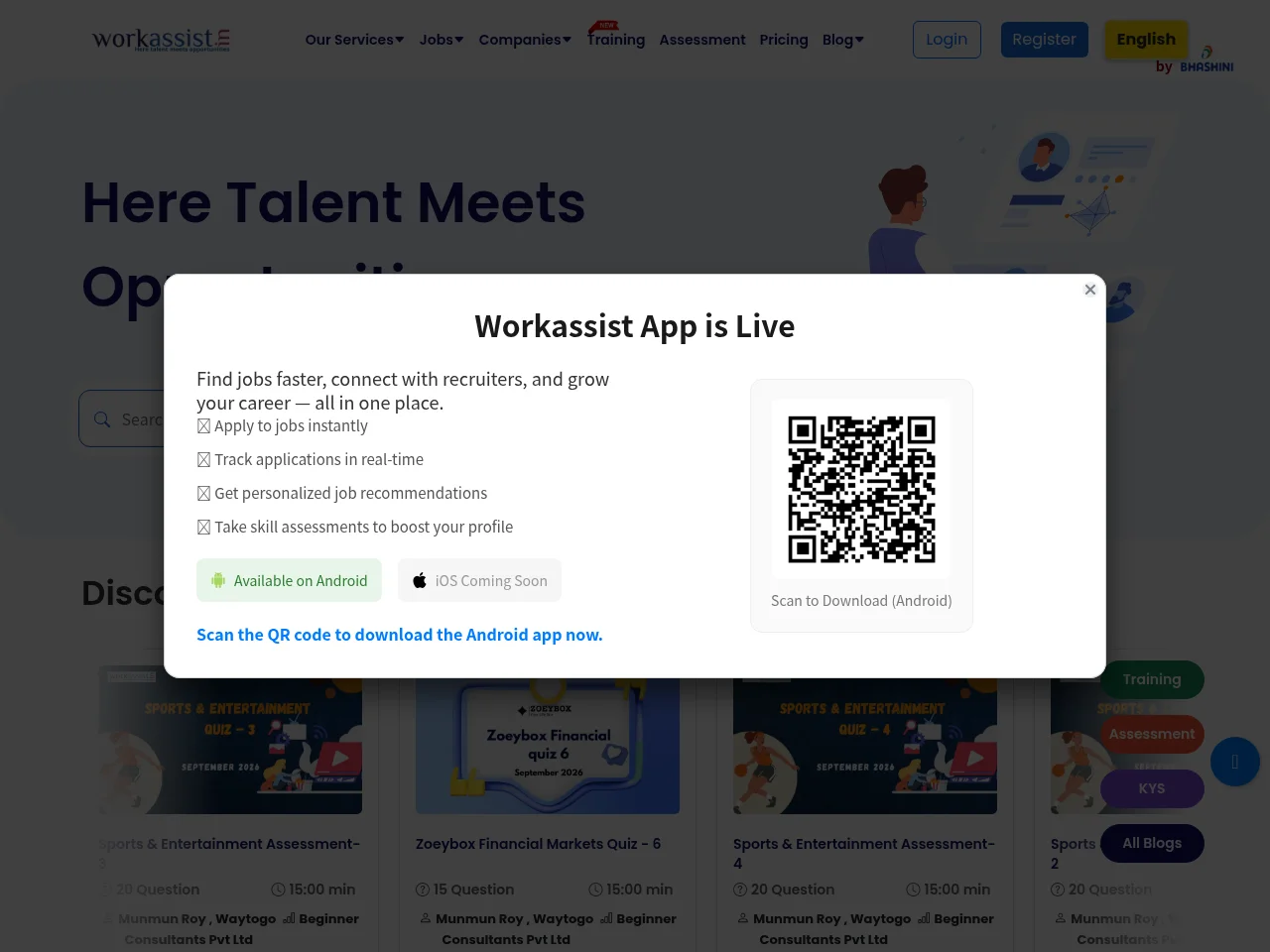 Workassist job board platform screenshot showing job search interface